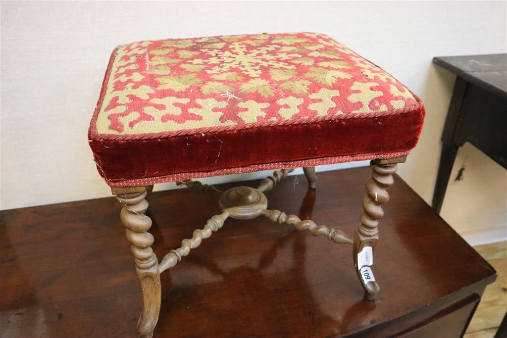 A Victorian walnut square topped tapestry upholstered stool, length 44cm, depth 42cm, height 38cm